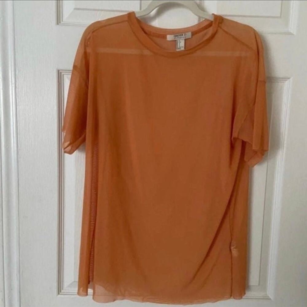 Forever 21 Womens Orange Sheer Mesh Short Sleeve Longline Tee Shirt Small